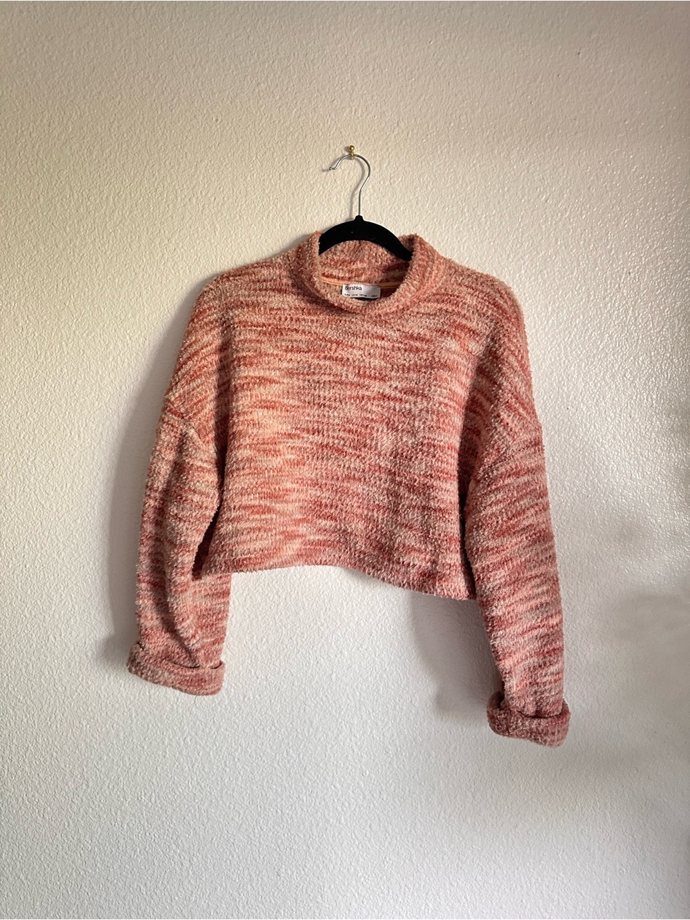 Bershka Pink Marled Cropped Crewneck Sweater